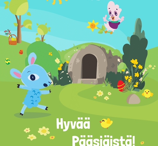 Värikäs Piirroskuva. Päkä-lammas, tyhjä hauta, Pulmu-pulu lentää. Tekstinä Hyvää pääsiäistä!